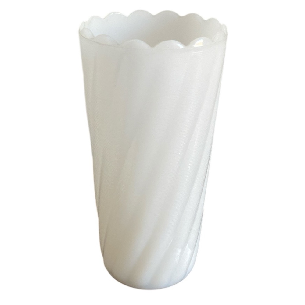 EO Brody Vintage Milk Glass 7” Scalloped Vase, MJ-49, USA Cleveland, Ohio